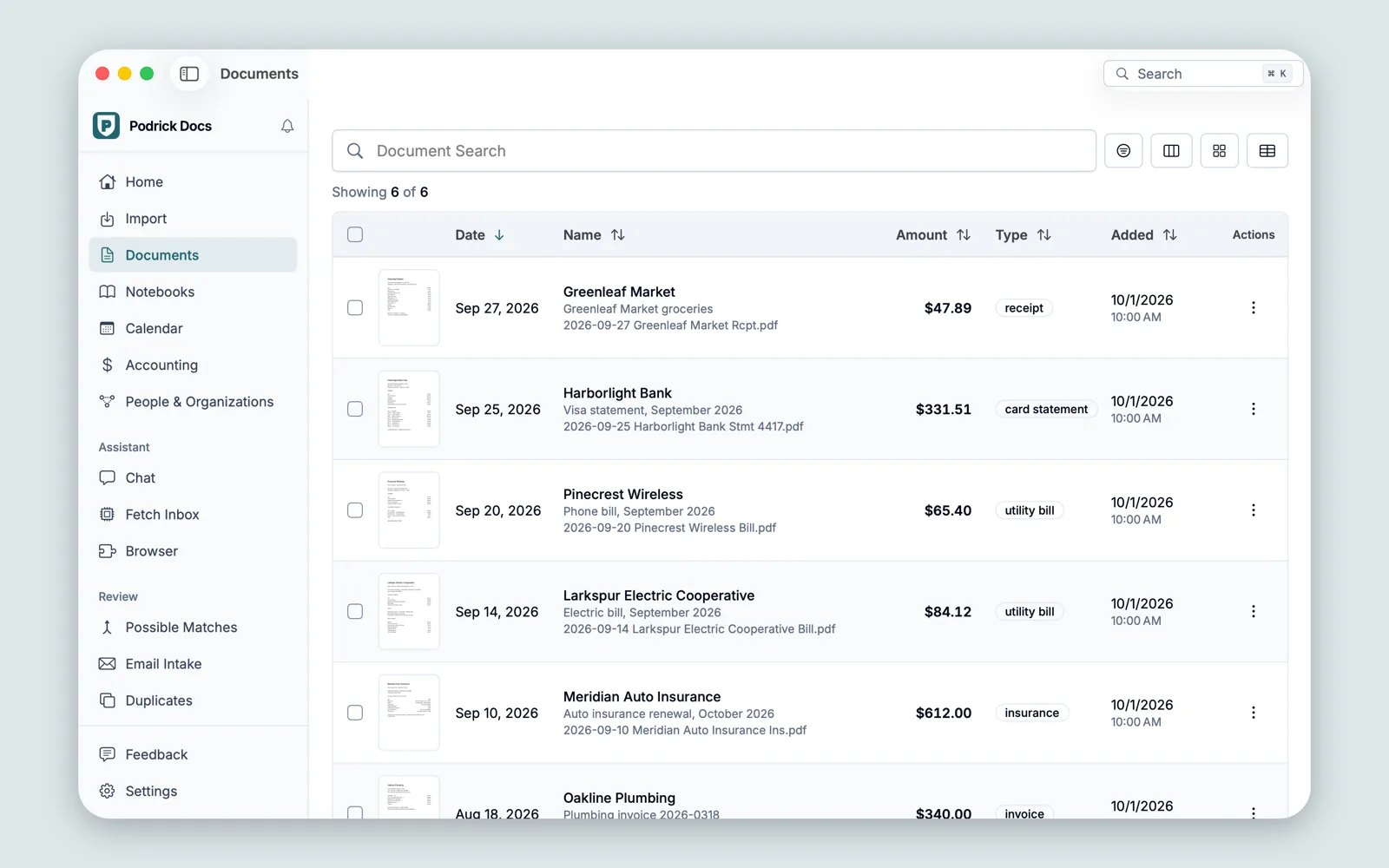 The Documents page listing six sample documents, each named by its
card, with its date, amount and type, such as receipt, card statement and utility
bill.